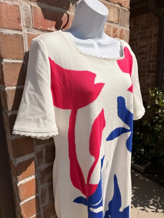 Ming Wang White Dress with Pink and Blue Floral Motif XL NWT - Picture 7 of 10